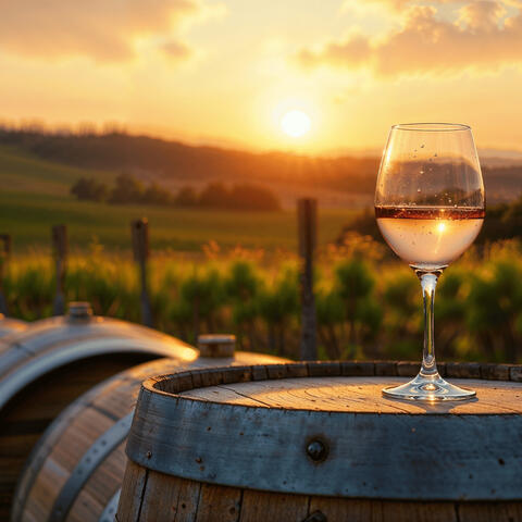 Wine at Sunset Overlooking Vineyard